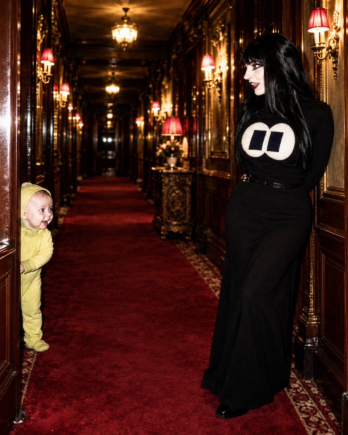 A watcher staring at the FOMO eyes in a red hotel hall